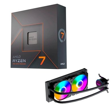Processador AMD Ryzen 7 7700X, 4.5GHz (5.4GHz Max Turbo), Cache 40MB, 8 Núcleos, 16 Threads, AM5, Com Vídeo Integrado - 100-100000591WOF + Water Cooler MACH1 Logic, RGB, 240mm, AMD e Intel, Preto - GK240