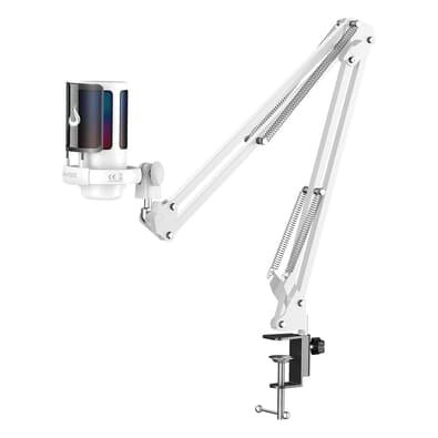 Microfone Gamer Rise Mode Elite 08 com Suporte de Mesa, RGB, USB-C, Branco - RM-ME-08-W