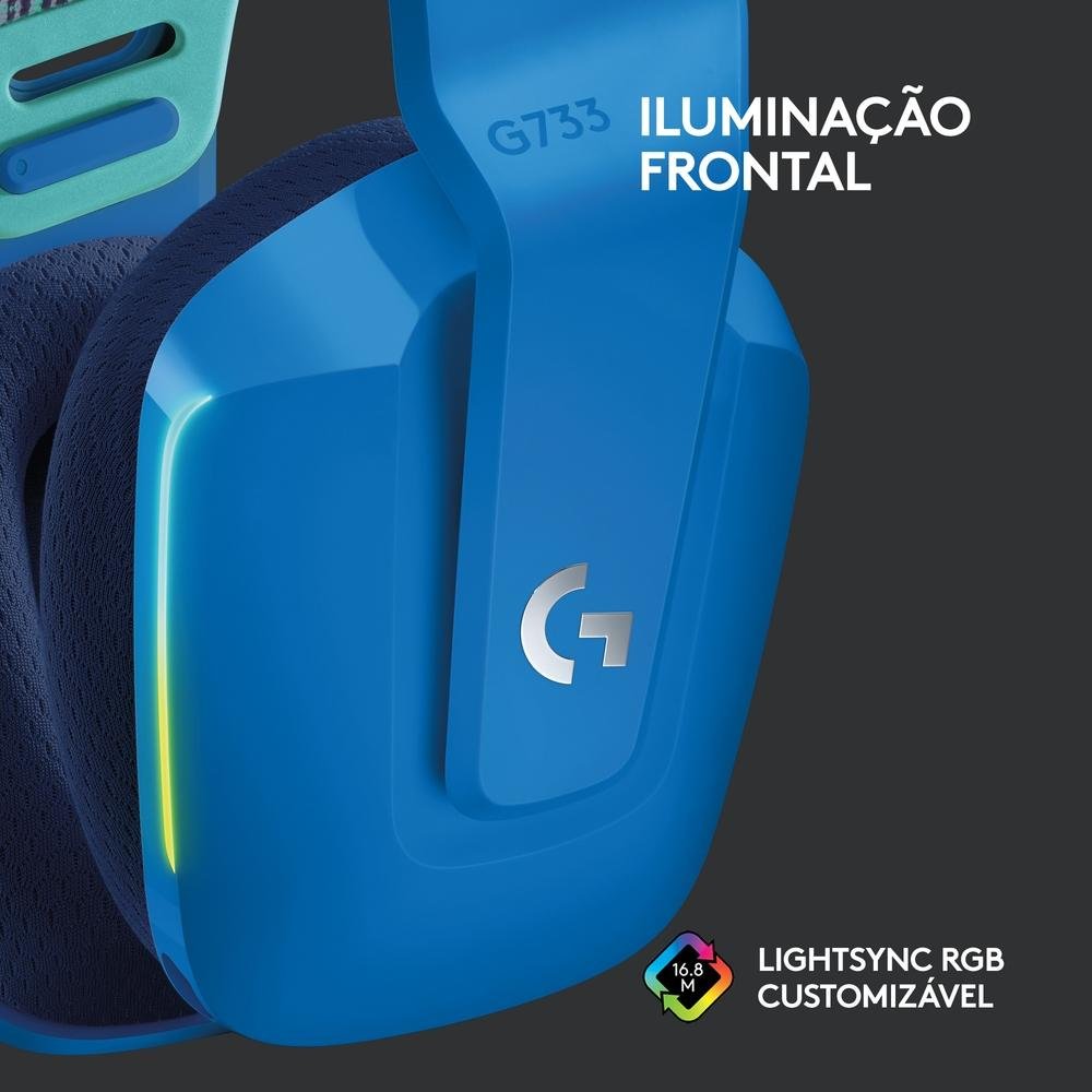Headset Gamer Sem Fio Logitech G733 7.1 Dolby Surround RGB LIGHTSYNC, Blue VOICE para PC e PlayStation, Azul - 981-000942 Headset Gamer Sem Fio Logitech G733 7.1 Dolby Surround RGB LIGHTSYNC, Blue VOICE para PC e PlayStation, Azul - 981-000942