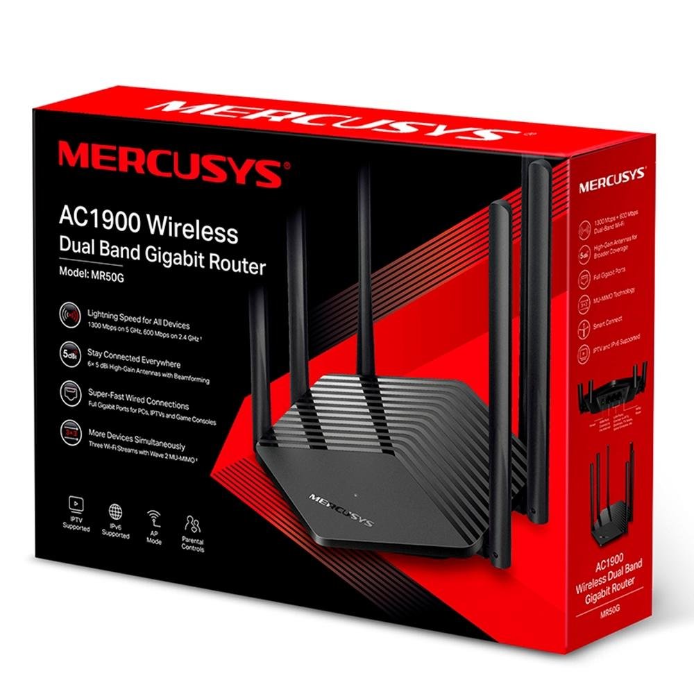 Roteador Mercusys Wireless Gigabit Dual Band AC1900, 1900 Mbps, 6 Antenas - MR50G