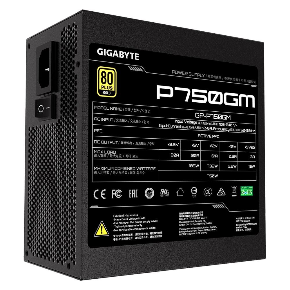 Fonte Gigabyte GP-P750GM, 750W, 80 Plus Gold, Modular, PFC Ativo, Sem Cabo, Preto - GP-P750GM Fonte Gigabyte GP-P750GM, 750W, 80 Plus Gold, Modular, PFC Ativo, Sem Cabo, Preto - GP-P750GM