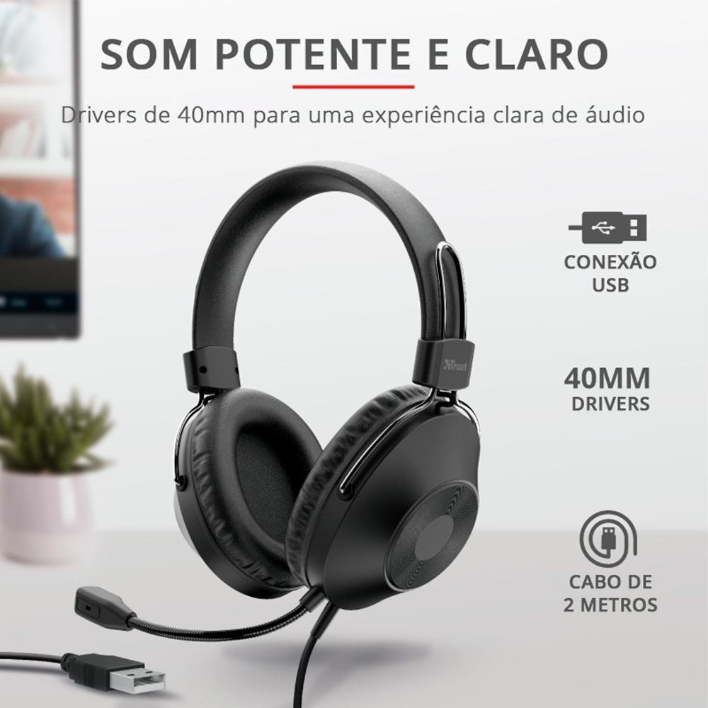 Headset Trust Over-Ear, Conexão USB, Driver 40mm, Cabo de 2m com Controle de Volume, Preto - 24132