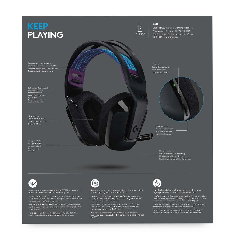 Headset Sem Fio Logitech G G535 LightSpeed, Drivers 40mm, USB, Preto - 981-000971