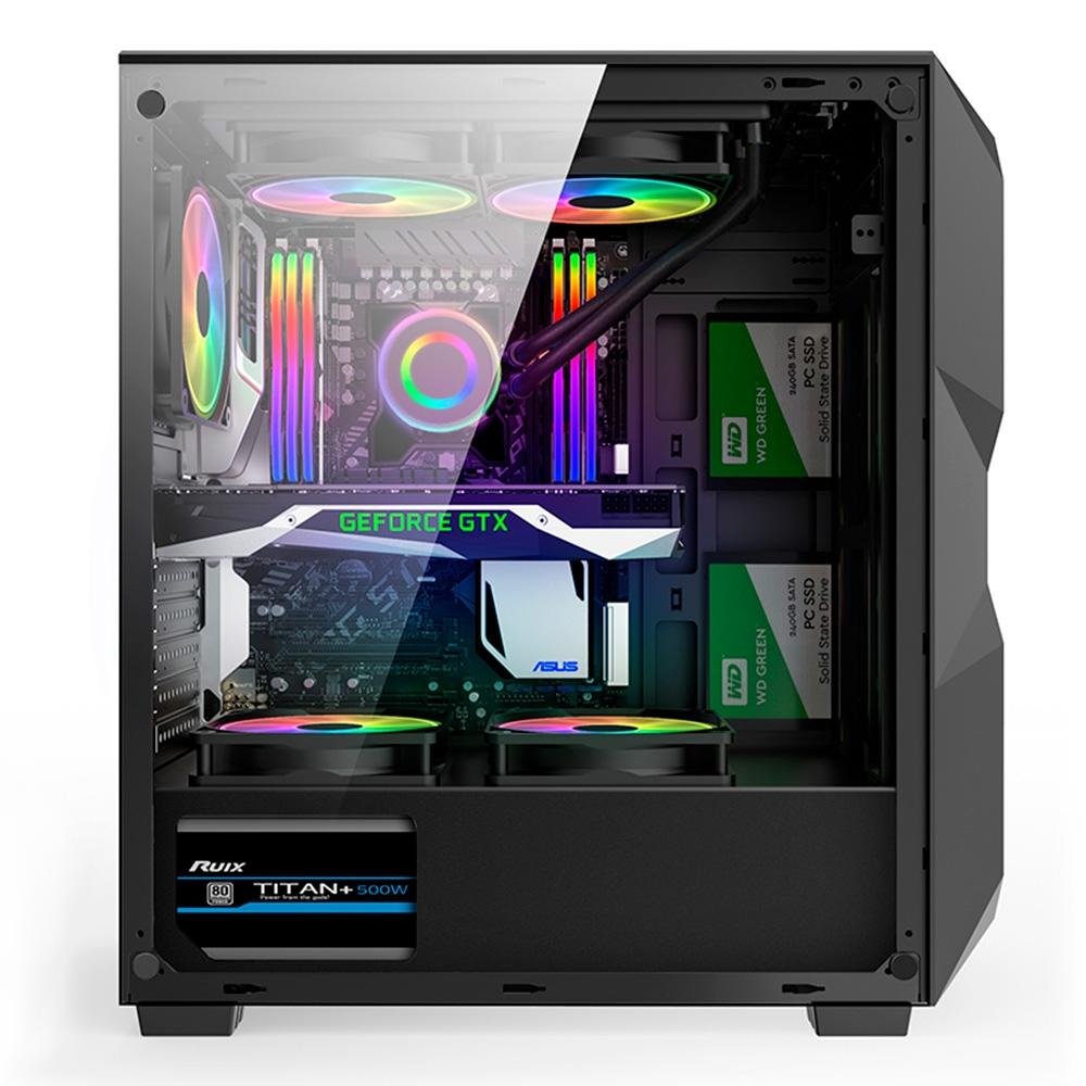 Gabinete Gamer Hayom, Mid Tower, RGB, ATX, Lateral em Vidro Temperado, 3x Cooler Fan RGB, Preto - GB1710