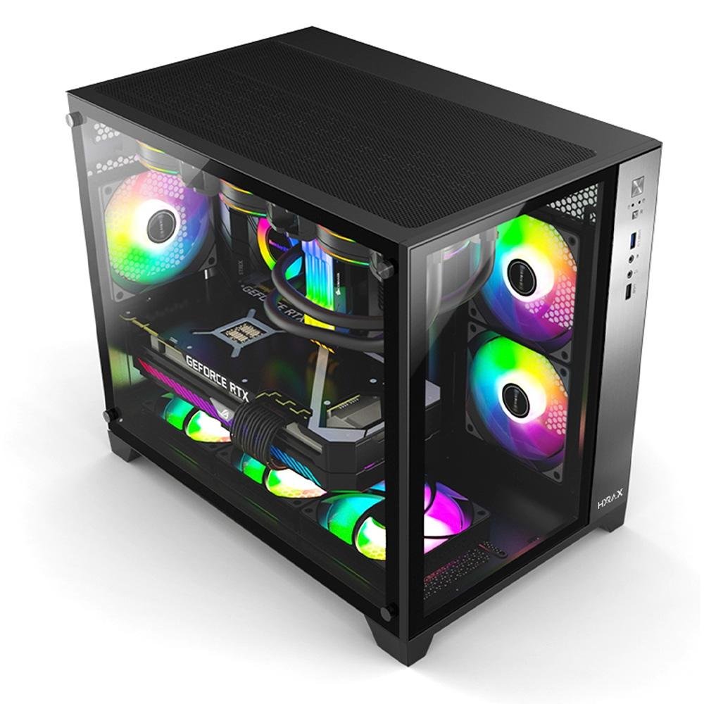 Gabinete Gamer Hyrax HGB710, Mini Tower, M-ATX, Frontal e Lateral Em Vidro Temperado, Sem FANs, Preto - HGB710B Gabinete Gamer Hyrax HGB710, Mini Tower, M-ATX, Frontal e Lateral Em Vidro Temperado, Sem FANs, Preto - HGB710B
