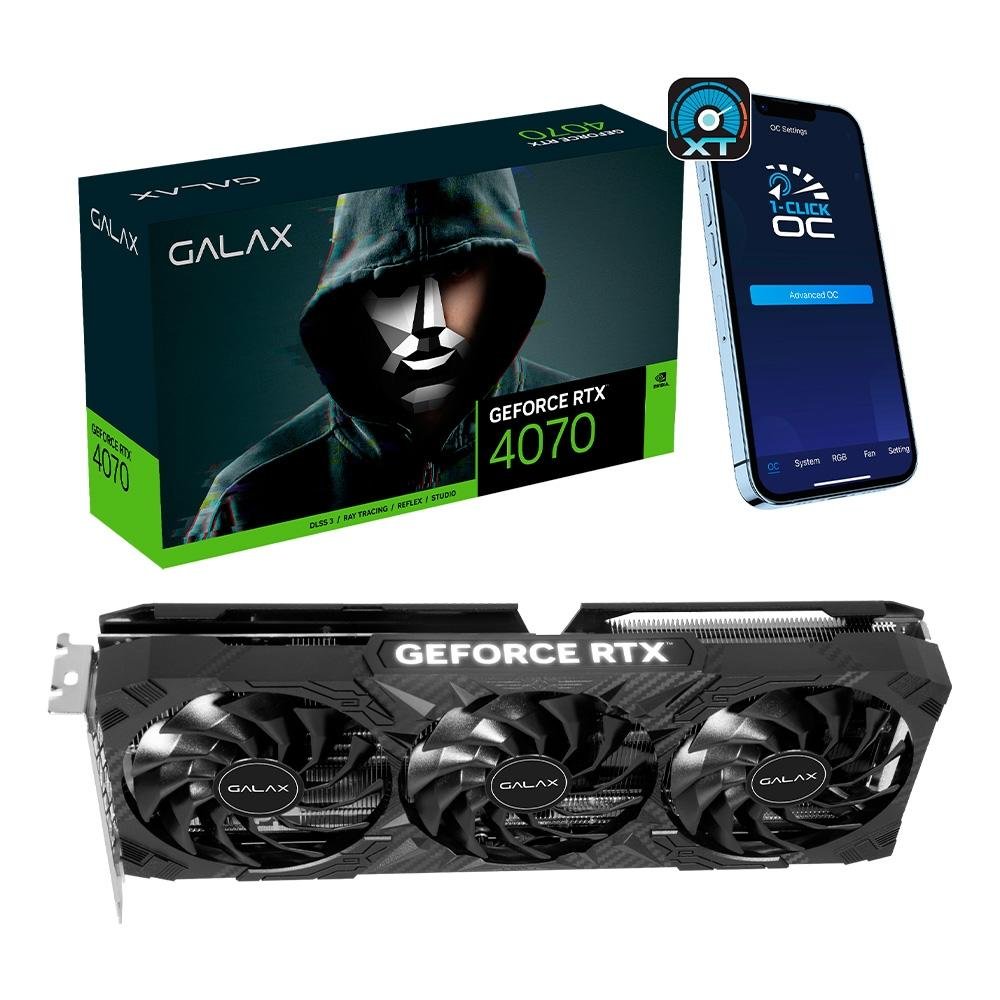 Placa de Vídeo RTX 4070 1-Click OC 3X Black PCI-E Galax NVIDIA GeForce, 12GB GDDR6X, DLSS, G-Sync, Ray Tracing, 192 bits - 47NOM7MD7QOC Placa de Vídeo RTX 4070 1-Click OC 3X Black PCI-E Galax NVIDIA GeForce, 12GB GDDR6X, DLSS, G-Sync, Ray Tracing, 192 bits - 47NOM7MD7QOC
