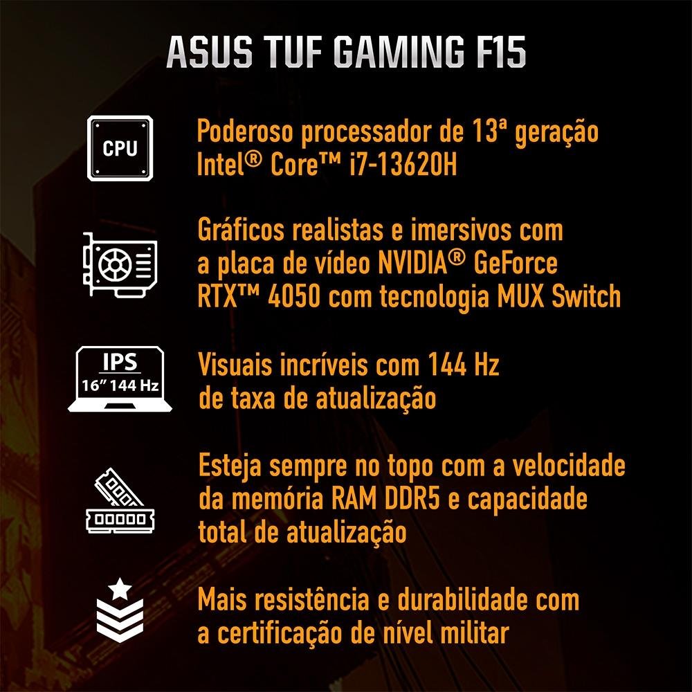 Notebook Gamer ASUS Tuf Gaming F15 Fx507vu, Intel Core I7, GeForce Rtx 4050, 8GB RAM, Ssd 512gb, 15,6" Fhd, 144hz, Keepos - Fx507vu-Lp151