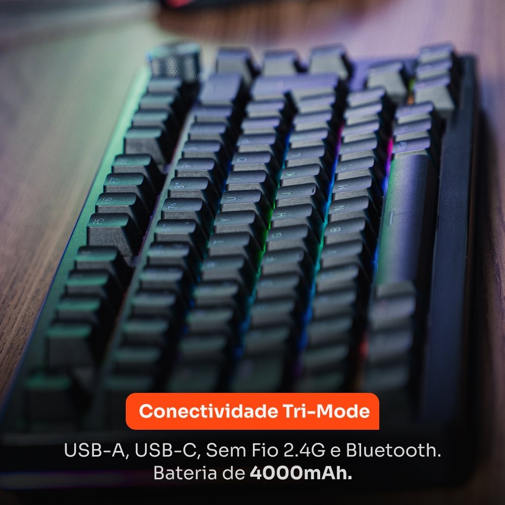Teclado Sem Fio Mecânico Gamer Husky Nomadic, RGB, Switch Gateron G Pro Red, Bluetooth, ABNT2, Preto - HTG800PTVR Teclado Sem Fio Mecânico Gamer Husky Nomadic, RGB, Switch Gateron G Pro Red, Bluetooth, ABNT2, Preto - HTG800PTVR