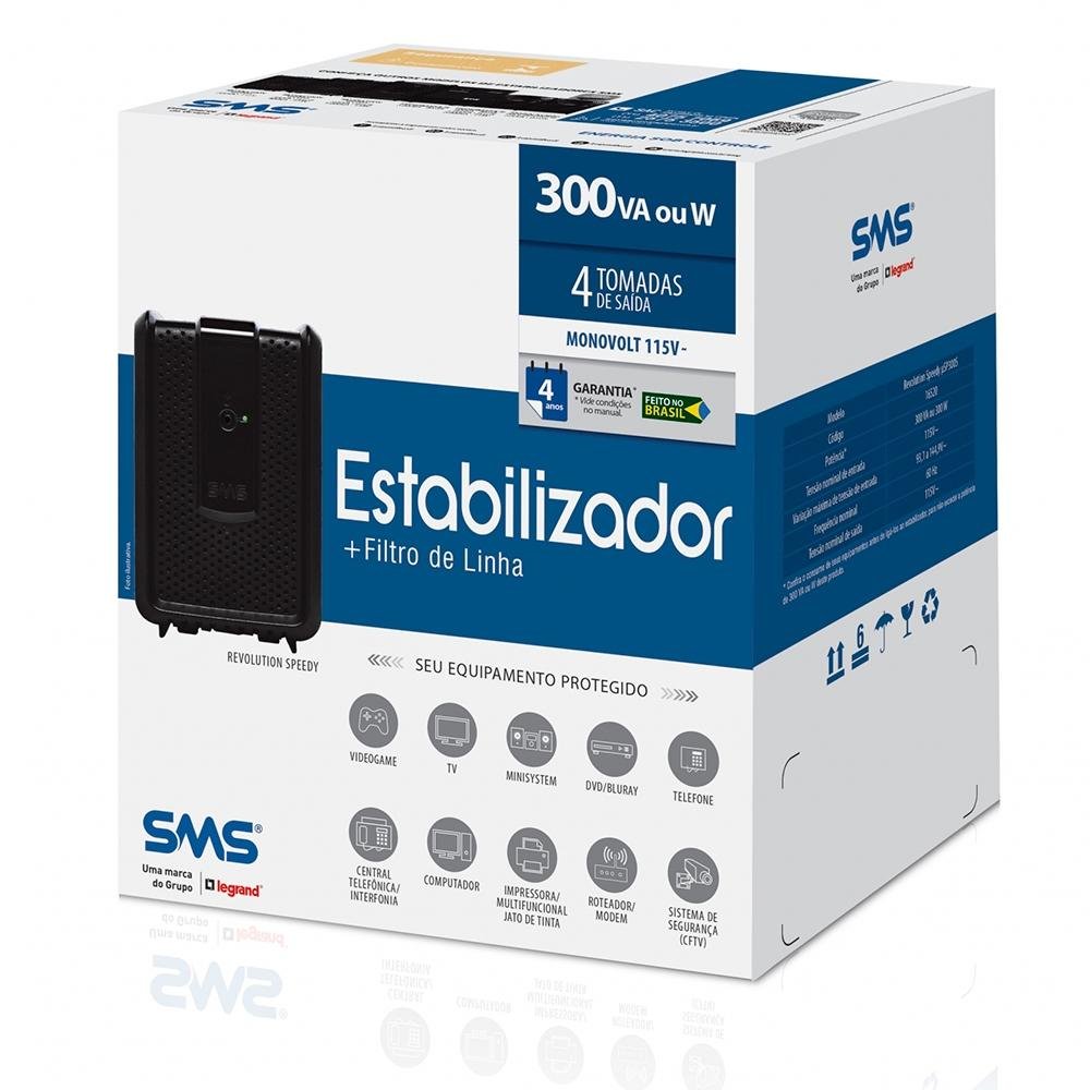 Estabilizador SMS Revolution Speedy 300VA, Entrada e Saída de 115V, 4 Tomadas - USP300S - 16520 Estabilizador SMS Revolution Speedy 300VA, Entrada e Saída de 115V, 4 Tomadas - USP300S - 16520