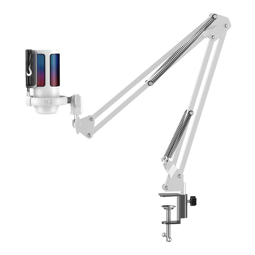 Microfone Gamer Rise Mode Elite 08 com Suporte de Mesa, RGB, USB-C, Branco - RM-ME-08-W
