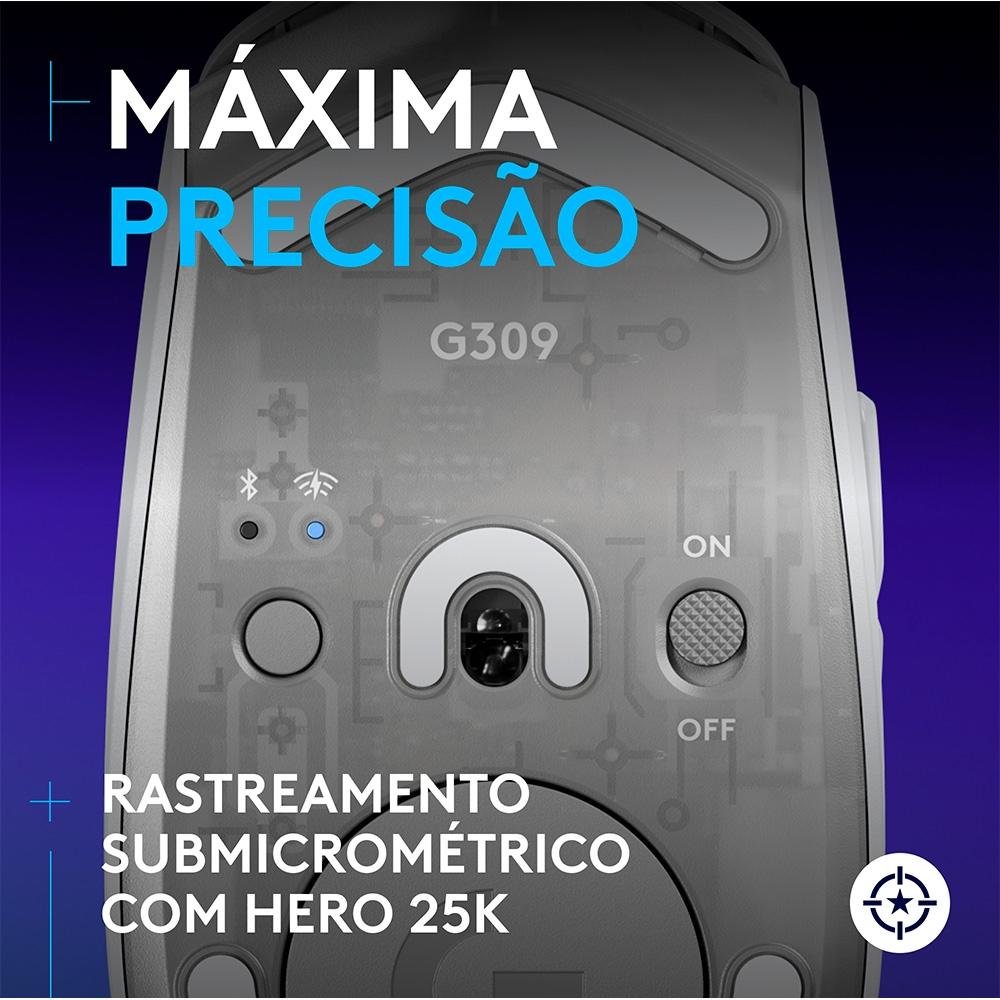 Mouse Gamer sem fio Logitech G309 LIGHTSPEED com Switches LIGHTFORCE, Sensor HERO 25K, 6 botões programáveis, Branco - 910-007206 Mouse Gamer sem fio Logitech G309 LIGHTSPEED com Switches LIGHTFORCE, Sensor HERO 25K, 6 botões programáveis, Branco - 910-007206