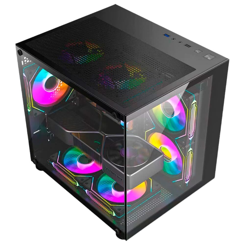 Gabinete Gamer HAYOM, Mini Tower, M-ATX, Lateral e Frontal em vidro, 4x FANs, Preto - GB1796