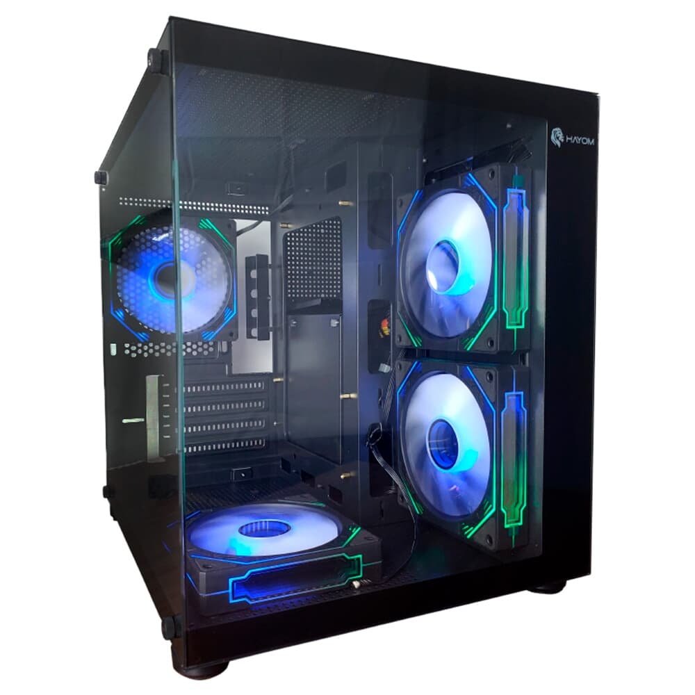 Gabinete Gamer HAYOM, Mini Tower, M-ATX, Lateral e Frontal em vidro, 4x FANs, Preto - GB1796