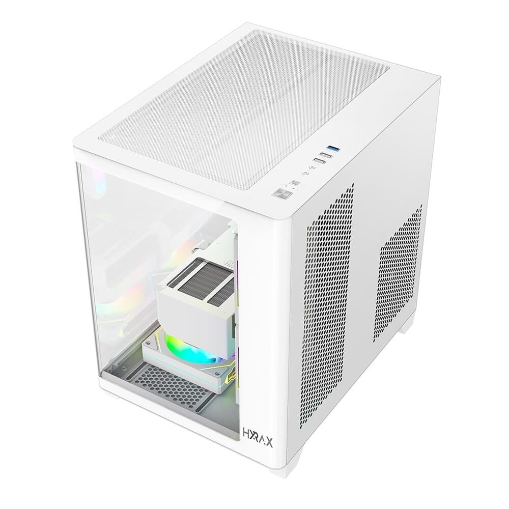 Gabinete Gamer Hyrax HGB750, Mini Tower, M-ATX, Frontal Curvo e Lateral em Vidro Temperado, Sem FANs, Branco - HGB750W Gabinete Gamer Hyrax HGB750, Mini Tower, M-ATX, Frontal Curvo e Lateral em Vidro Temperado, Sem FANs, Branco - HGB750W