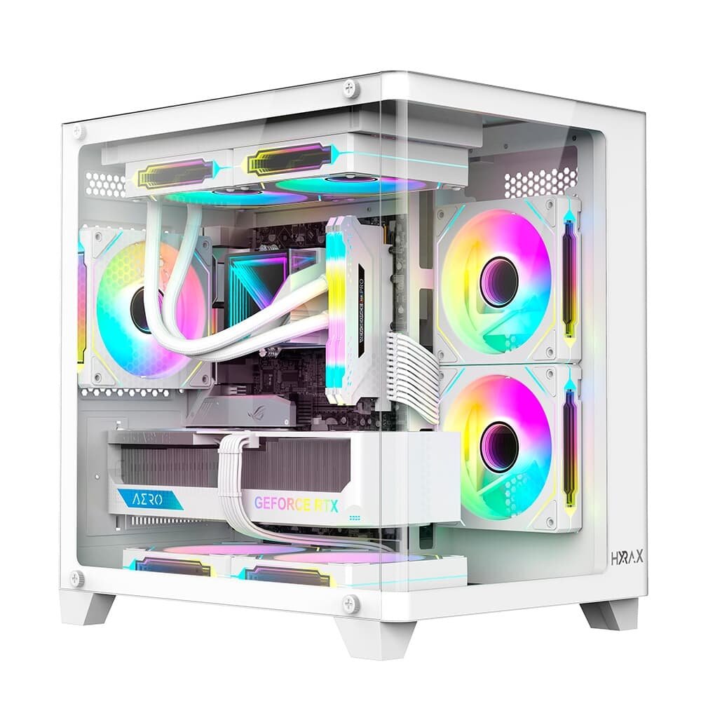 Gabinete Gamer Hyrax HGB750, Mini Tower, M-ATX, Frontal Curvo e Lateral em Vidro Temperado, Sem FANs, Branco - HGB750W Gabinete Gamer Hyrax HGB750, Mini Tower, M-ATX, Frontal Curvo e Lateral em Vidro Temperado, Sem FANs, Branco - HGB750W