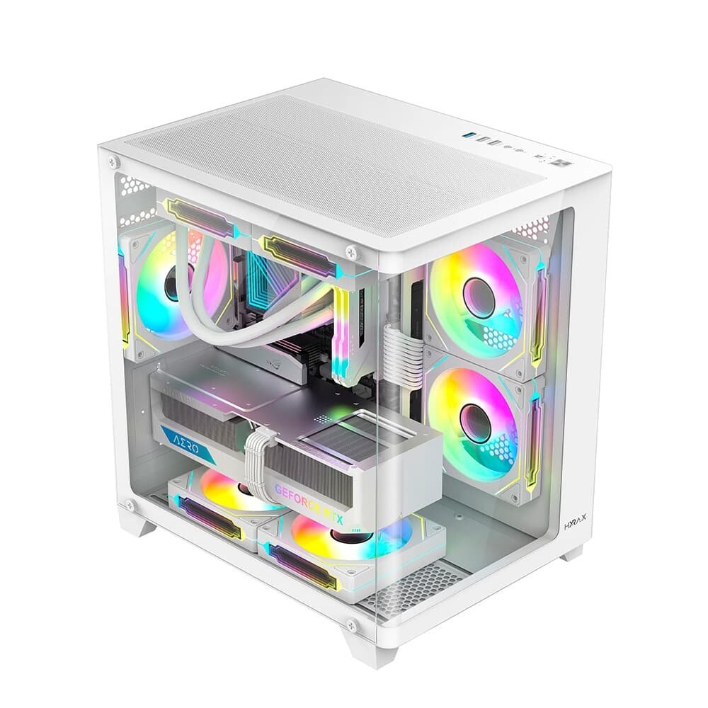 Gabinete Gamer Hyrax HGB750, Mini Tower, M-ATX, Frontal Curvo e Lateral em Vidro Temperado, Sem FANs, Branco - HGB750W Gabinete Gamer Hyrax HGB750, Mini Tower, M-ATX, Frontal Curvo e Lateral em Vidro Temperado, Sem FANs, Branco - HGB750W