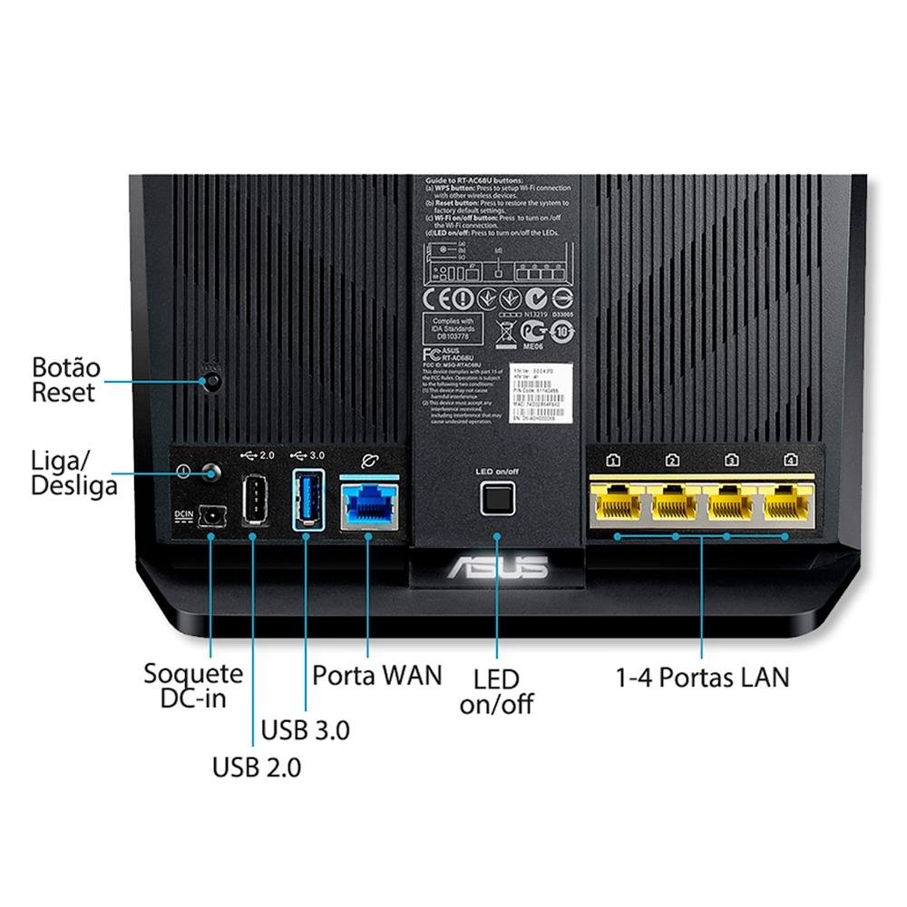 Roteador Gamer Wireless ASUS RT-AC68U, AC1900Mbps, Dual band, AiMesh, 3 Antenas, USB 3.0, DualCore, Rede Gigabit, AiRadar, Preto Roteador Gamer Wireless ASUS RT-AC68U, AC1900Mbps, Dual band, AiMesh, 3 Antenas, USB 3.0, DualCore, Rede Gigabit, AiRadar, Preto