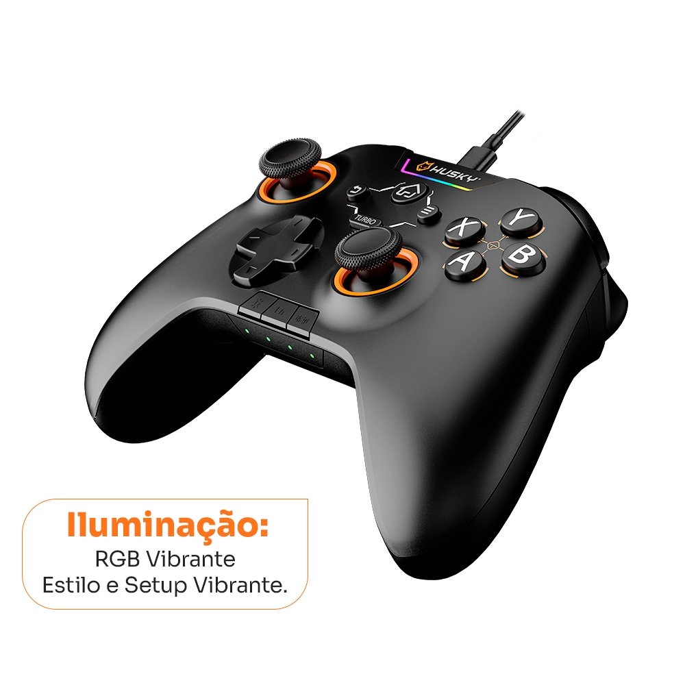 Controle Husky Hunter, Com Fio, Compativel com PC/Android/iOS, 24 Botões Programáveis, RGB, Preto - HJK001PT Controle Husky Hunter, Com Fio, Compativel com PC/Android/iOS, 24 Botões Programáveis, RGB, Preto - HJK001PT