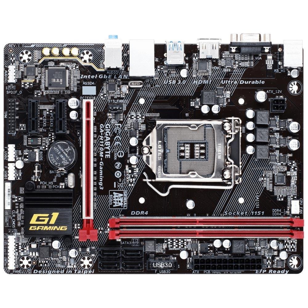 Placa-Mãe Gigabyte GA-H110M Gaming 3, Intel LGA 1151, mATX, DDR4, Preto Placa-Mãe Gigabyte GA-H110M Gaming 3, Intel LGA 1151, mATX, DDR4, Preto