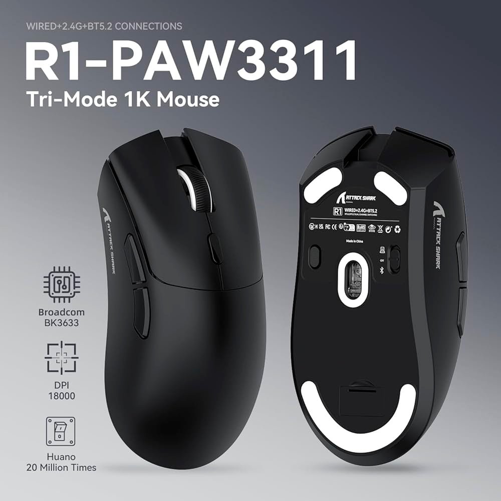 Mouse Gamer sem Fio Attack Shark R1 Ultraleve e design Ergonômico, Tri-Mode, 18.000 DPI, Sensor Óptico PAW3311, 6 Botões - Preto