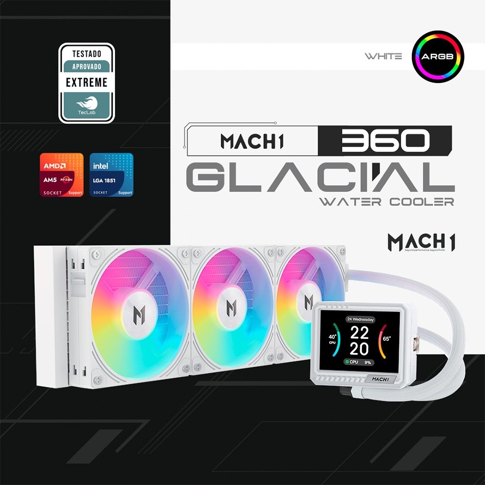 Water Cooler MACH1 GLACIAL, ARGB, 360mm, AMD e Intel, Branco - IMV360WH