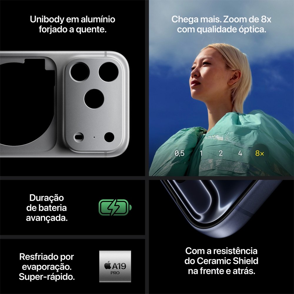 iPhone 17 Pro Max Apple 1TB, Câmera Tripla Fusion de 48MP, Tela 6.9" Super Retina XDR, Prateado iPhone 17 Pro Max Apple 1TB, Câmera Tripla Fusion de 48MP, Tela 6.9" Super Retina XDR, Prateado