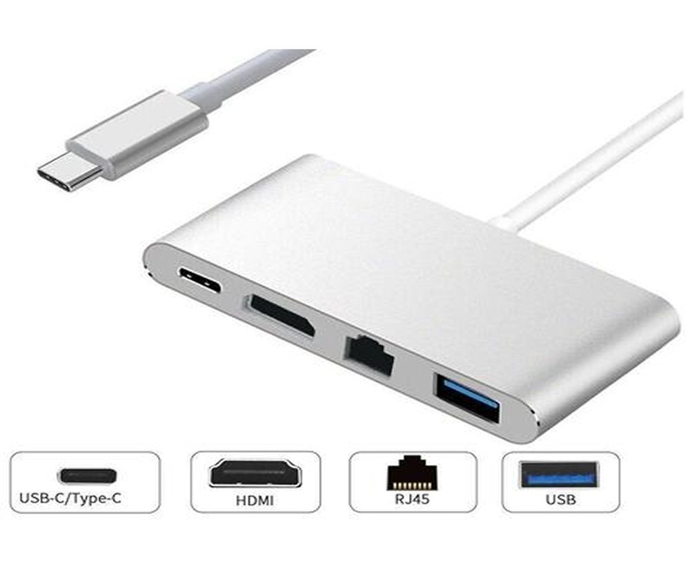 HUB F3 Adaptador USB-C 3.1, 4 em 1, para HDMI 4K, Ethernet, USB 3.0, USB-C - RJ45-JC-TYC-401