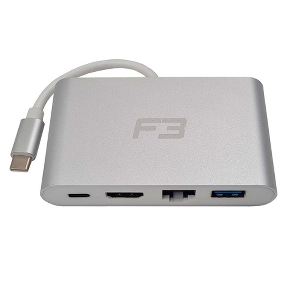 HUB F3 Adaptador USB-C 3.1, 4 em 1, para HDMI 4K, Ethernet, USB 3.0, USB-C - RJ45-JC-TYC-401