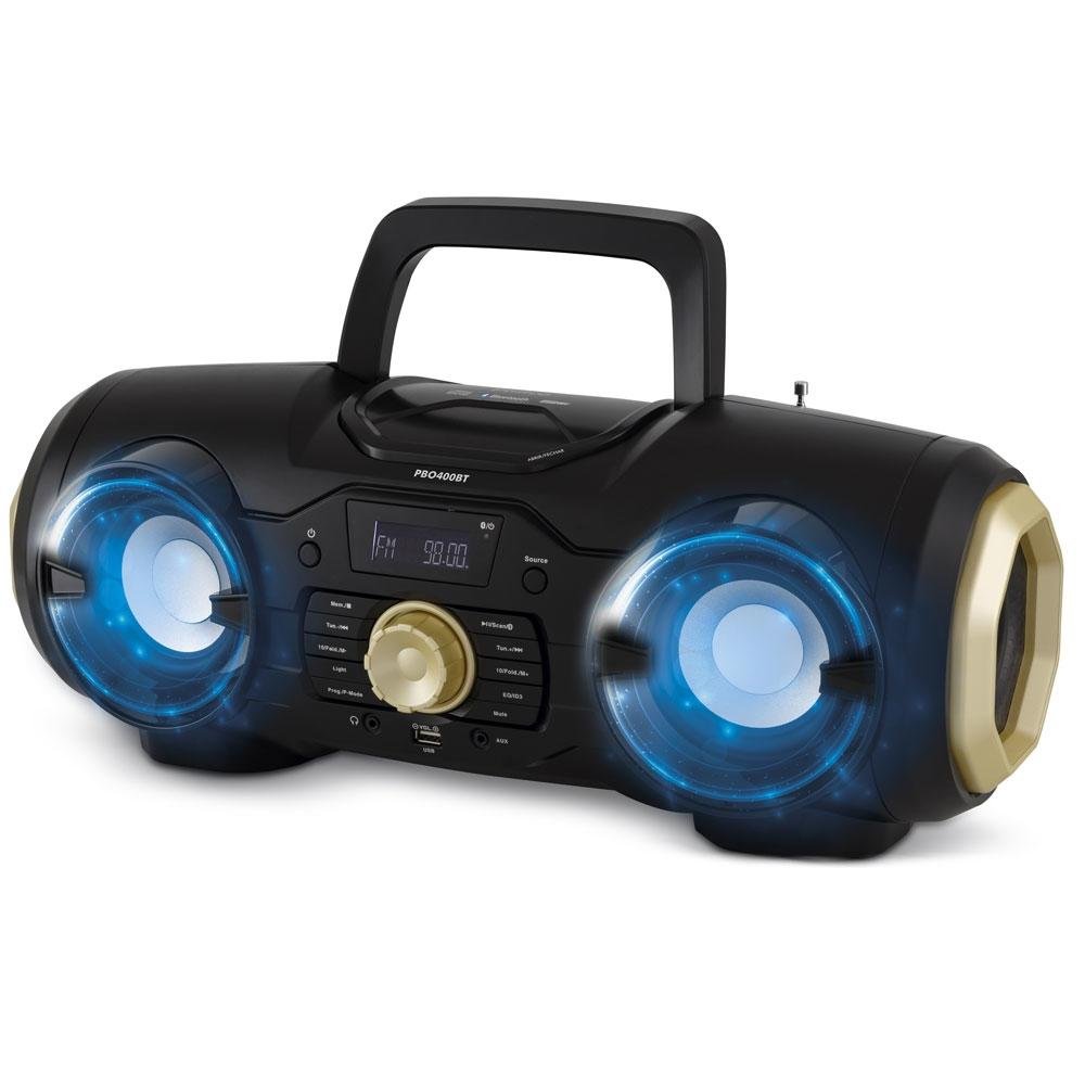 Rádio Portátil Philco - Bluetooth, CD, MP3, USB, Aux. e FM 100W RMS Bivolt Preto/Dourado - PBO400BT 056603733 Rádio Portátil Philco - Bluetooth, CD, MP3, USB, Aux. e FM 100W RMS Bivolt Preto/Dourado - PBO400BT 056603733