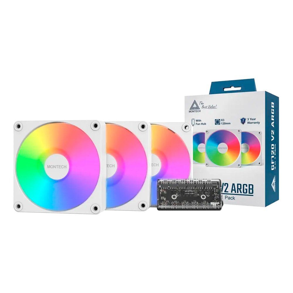 Kit Ventoinhas Montech GF120 V2, ARGB, 3x 120mm, Branco - GF120V2ARGB3PW Kit Ventoinhas Montech GF120 V2, ARGB, 3x 120mm, Branco - GF120V2ARGB3PW