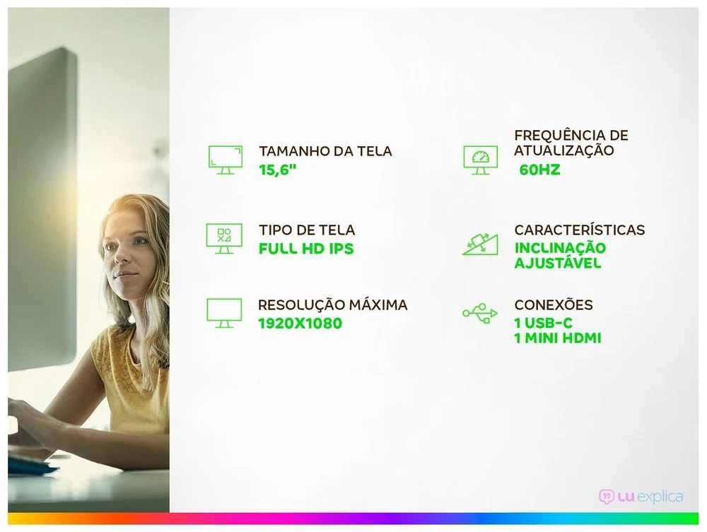 Monitor 60Hz Full HD WB Office 12322 Portátil 15,6" IPS Horizontal e Vertical WBMP01BK