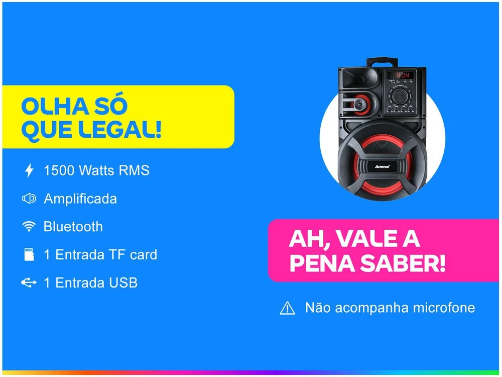 Caixa Amplificada Amvox New X, Bluetooth, Rádio FM, Entradas AUX/TF CARD/USB, 1500W - ACA 1501 Caixa Amplificada Amvox New X, Bluetooth, Rádio FM, Entradas AUX/TF CARD/USB, 1500W - ACA 1501