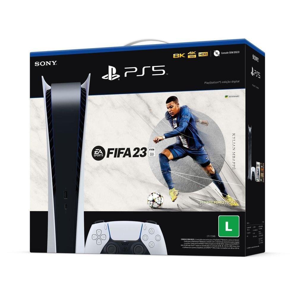 Console Sony PlayStation 5, Edição Digital 2022, 825GB com 1 Controle + FIFA 23 Lançamento Console Sony PlayStation 5, Edição Digital 2022, 825GB com 1 Controle + FIFA 23 Lançamento
