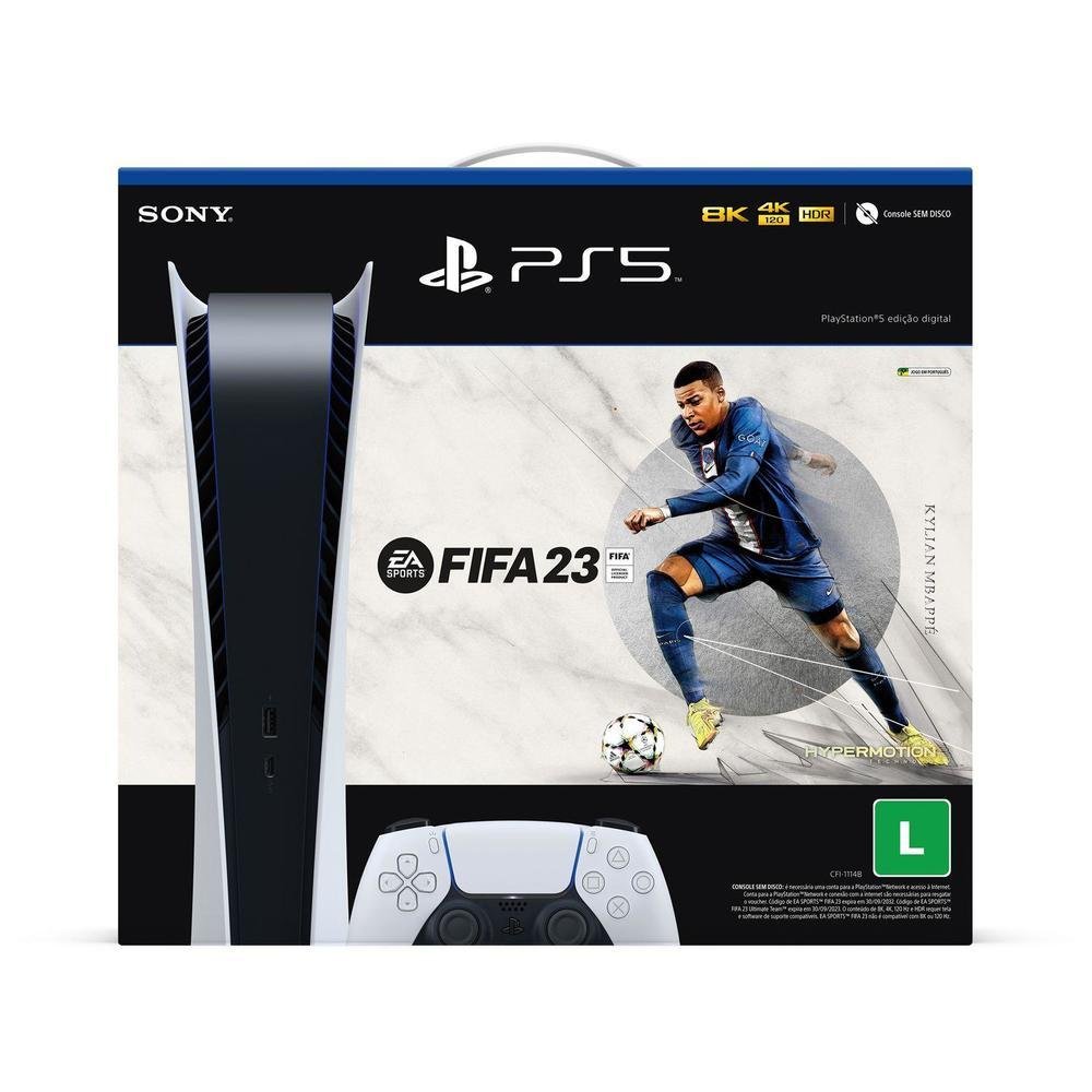 Console Sony PlayStation 5, Edição Digital 2022, 825GB com 1 Controle + FIFA 23 Lançamento Console Sony PlayStation 5, Edição Digital 2022, 825GB com 1 Controle + FIFA 23 Lançamento