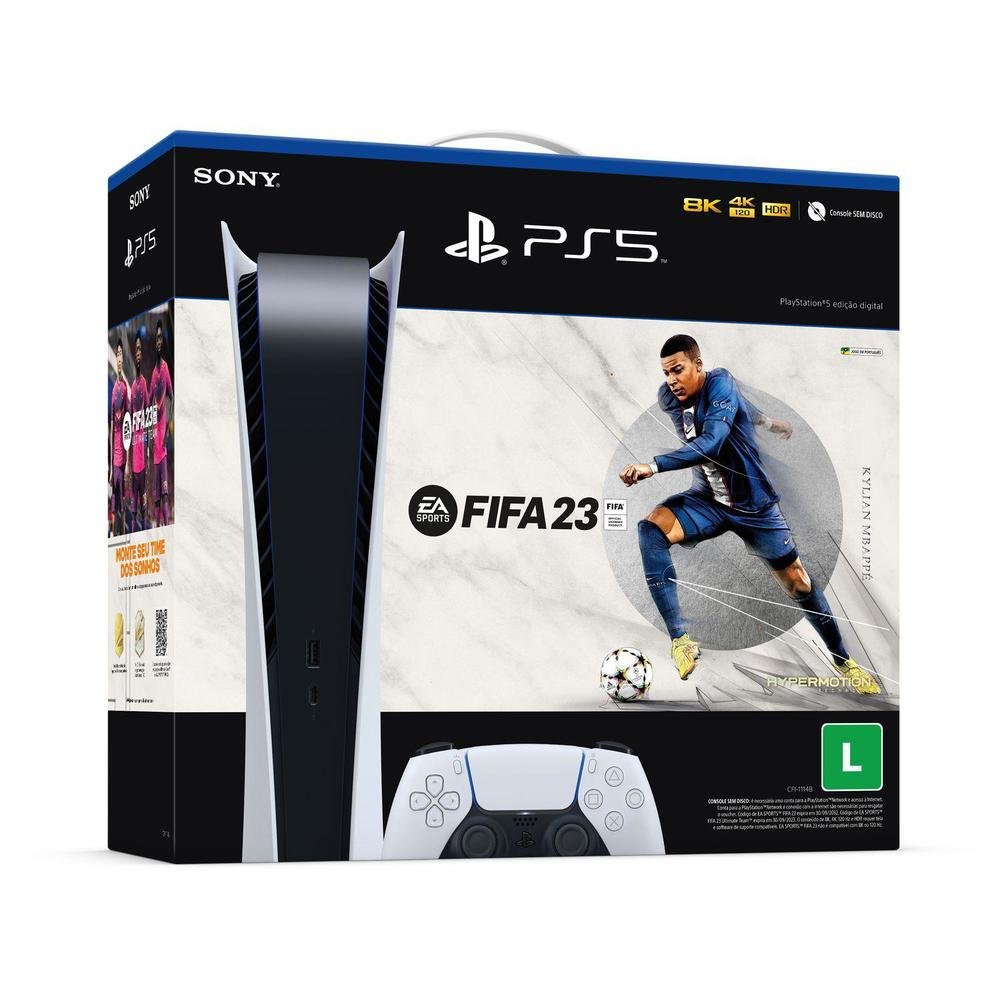 Console Sony PlayStation 5, Edição Digital 2022, 825GB com 1 Controle + FIFA 23 Lançamento Console Sony PlayStation 5, Edição Digital 2022, 825GB com 1 Controle + FIFA 23 Lançamento