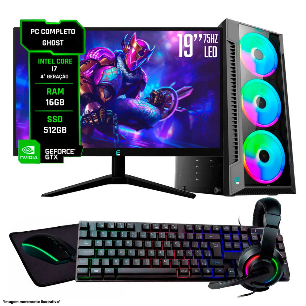 "PC Completo Ghost i7 4th 16gb SSD 512gb Monitor 19"" Kit Periféricos"