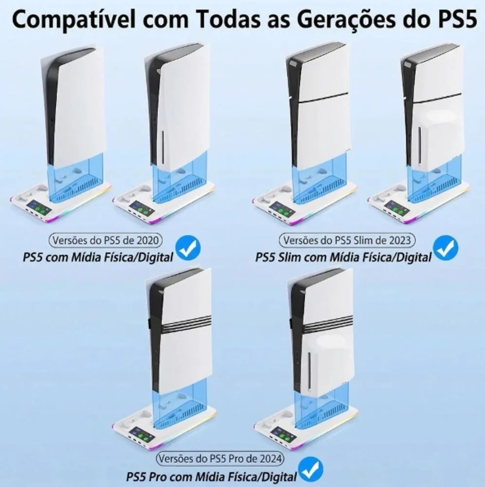 Carregador Base Cooler Controle Compativel Playstation Ps5 FAT SLIM Branco