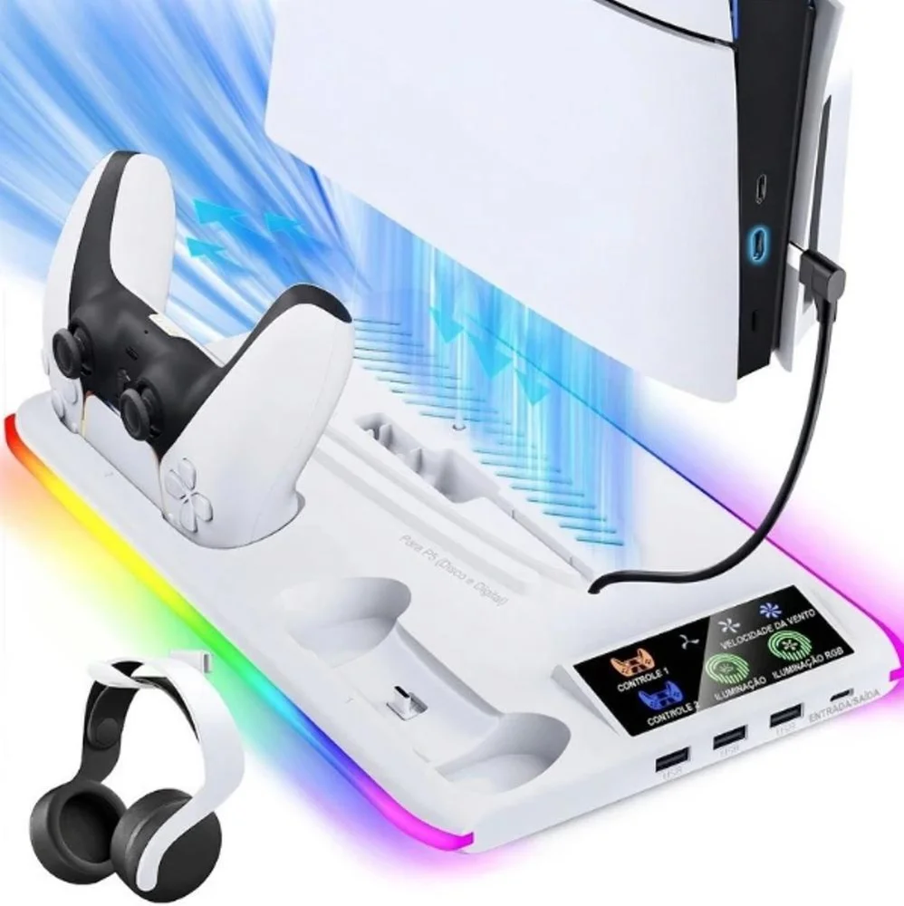 Carregador Base Cooler Controle Compativel Playstation Ps5 FAT SLIM Branco