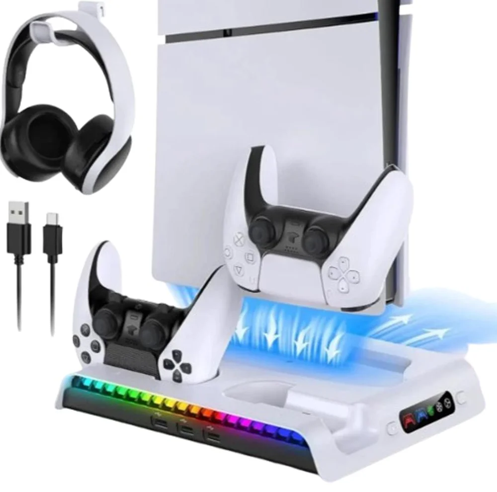 Carregador Base Cooler Controle Compativel Playstation Ps5 FAT SLIM Branco