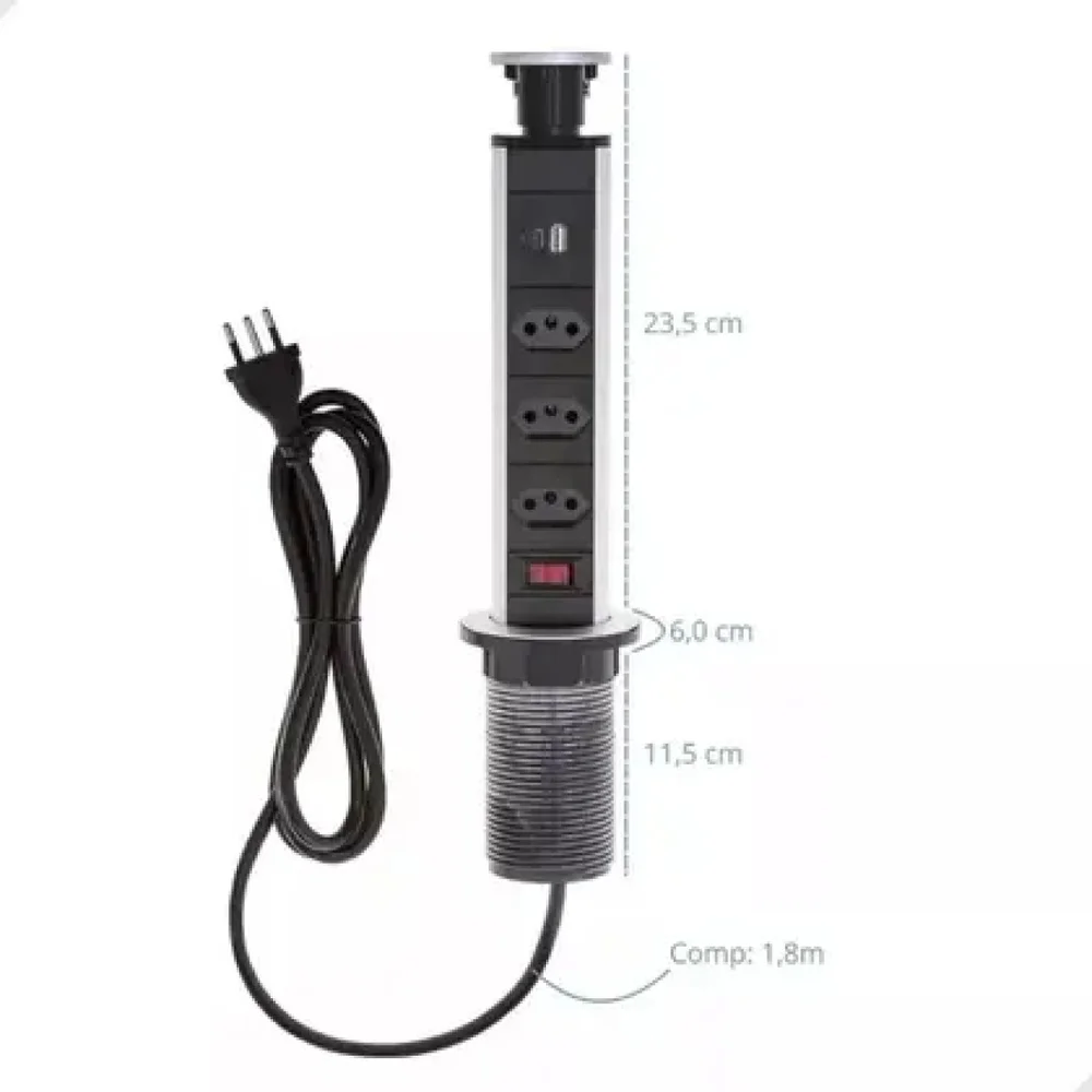 Torre 3 Tomada De Mesa Retrátil Bivolt De Embutir Bancada Com Usb E Usb-c To-121