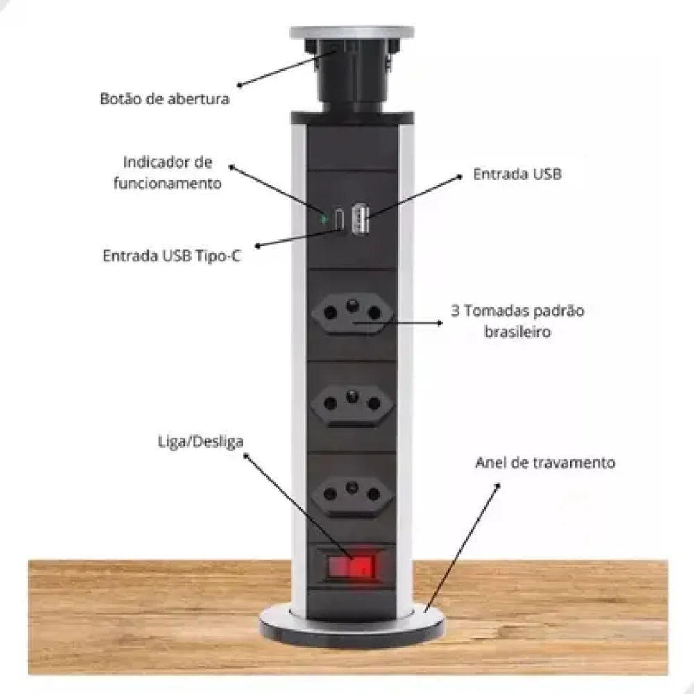 Torre 3 Tomada De Mesa Retrátil Bivolt De Embutir Bancada Com Usb E Usb-c To-121