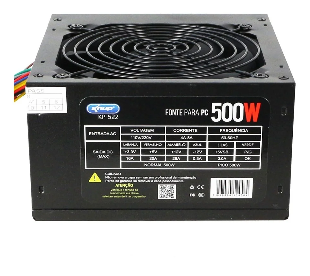 Fonte Knup ATX, 500W Real, 24P, Com Cabo, Bivolt - KP-522 Fonte Knup ATX, 500W Real, 24P, Com Cabo, Bivolt - KP-522