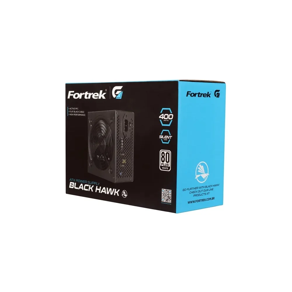 Fonte Fortrek Black Hawk ATX, 400W, 80 Plus, PFC Ativo. Fonte Fortrek Black Hawk ATX, 400W, 80 Plus, PFC Ativo.