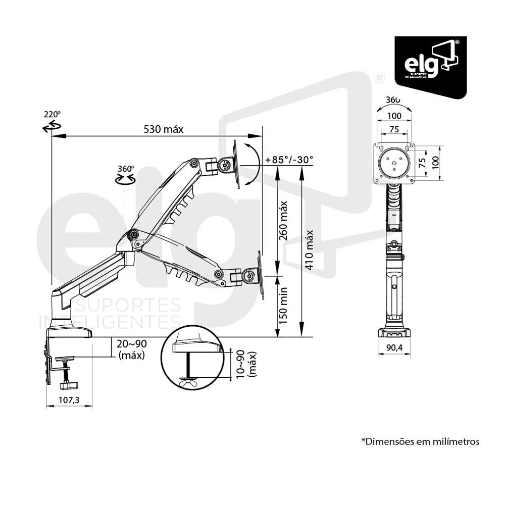 Suporte Multiarticulado de Mesa ELG P/ Monitor 17" a 35" com Ajuste de Altura e Pistão a Gás - F98hdmi Suporte Multiarticulado de Mesa ELG P/ Monitor 17" a 35" com Ajuste de Altura e Pistão a Gás - F98hdmi