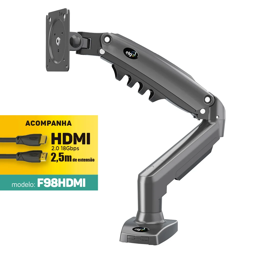 Suporte Multiarticulado de Mesa ELG P/ Monitor 17" a 35" com Ajuste de Altura e Pistão a Gás - F98hdmi Suporte Multiarticulado de Mesa ELG P/ Monitor 17" a 35" com Ajuste de Altura e Pistão a Gás - F98hdmi