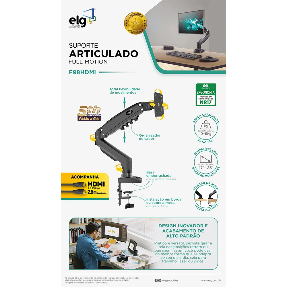 Suporte Multiarticulado de Mesa ELG P/ Monitor 17" a 35" com Ajuste de Altura e Pistão a Gás - F98hdmi Suporte Multiarticulado de Mesa ELG P/ Monitor 17" a 35" com Ajuste de Altura e Pistão a Gás - F98hdmi