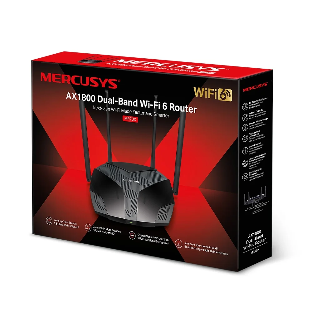 Roteador Mercusys Wi-Fi 6 Dual Band, 1800mbps, Ofdma Mu-Mimo, WPA3, BSS, IPV6, VPN – MR70X Roteador Mercusys Wi-Fi 6 Dual Band, 1800mbps, Ofdma Mu-Mimo, WPA3, BSS, IPV6, VPN – MR70X