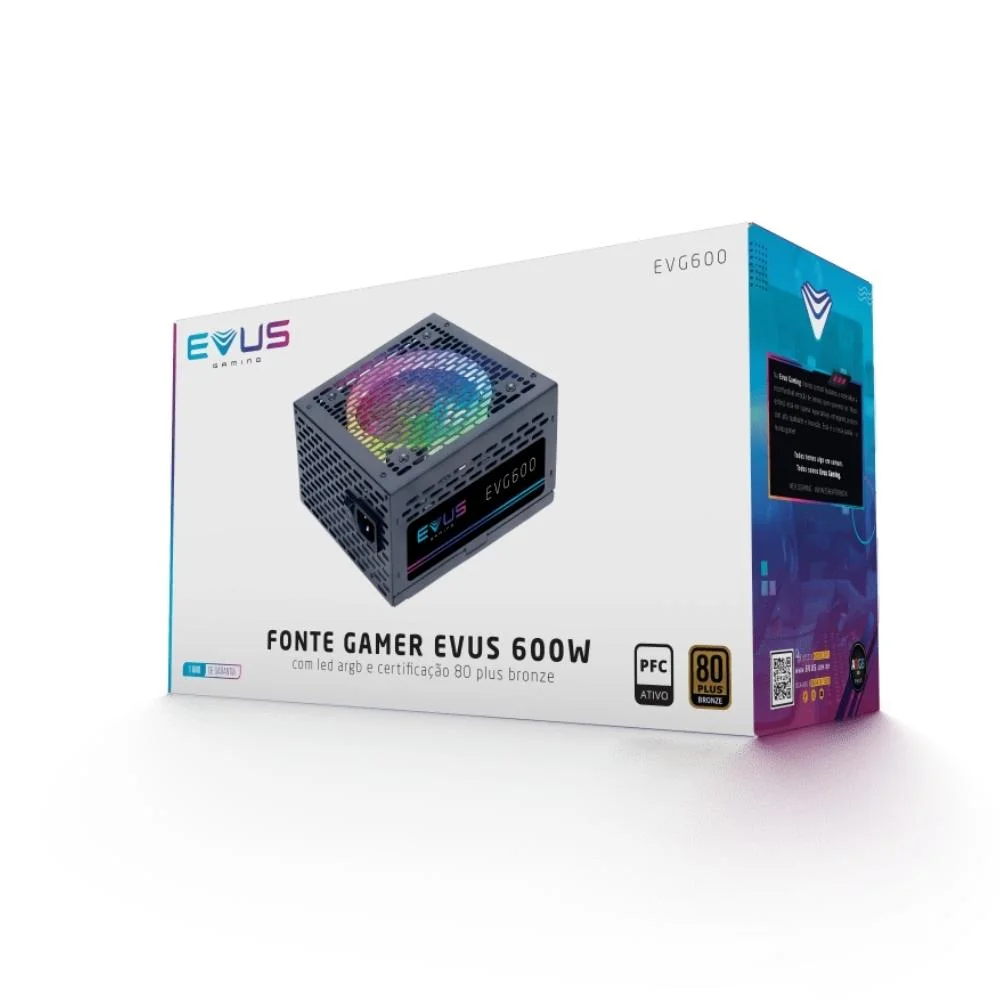 Fonte Evus Gamer, 600W, 80 Plus Bronze, LED RGB - EVG600 Fonte Evus Gamer, 600W, 80 Plus Bronze, LED RGB - EVG600