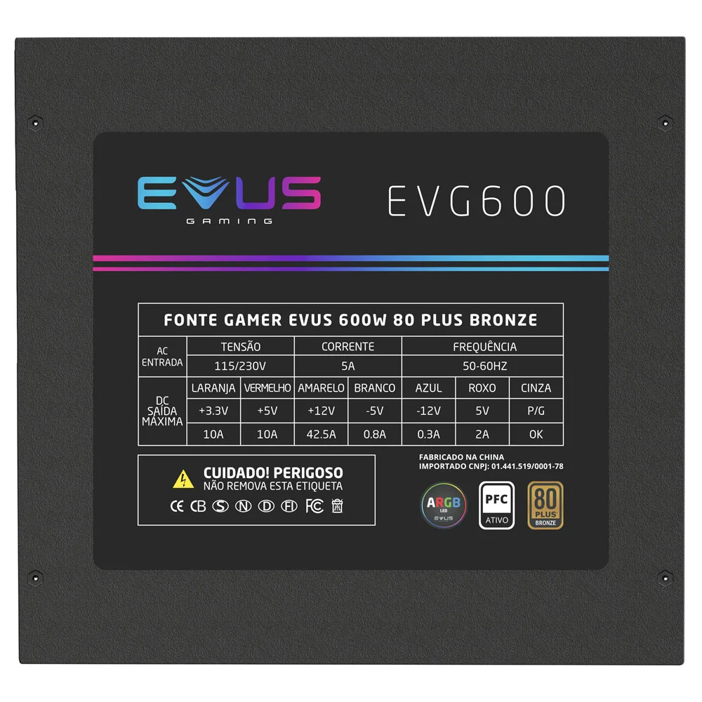 Fonte Evus Gamer, 600W, 80 Plus Bronze, LED RGB - EVG600 Fonte Evus Gamer, 600W, 80 Plus Bronze, LED RGB - EVG600