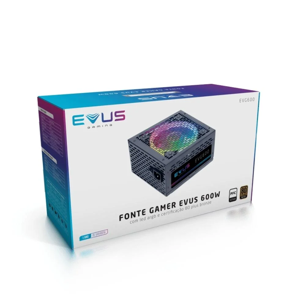 Fonte Evus Gamer, 600W, 80 Plus Bronze, LED RGB - EVG600 Fonte Evus Gamer, 600W, 80 Plus Bronze, LED RGB - EVG600